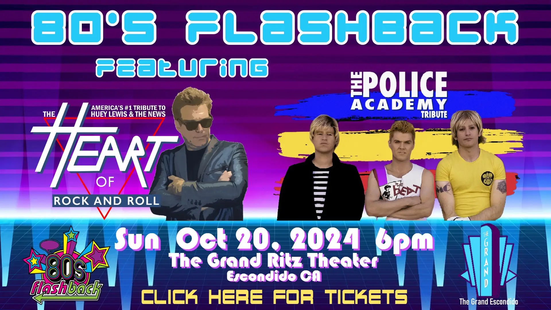 80's Flashback: The Police Academy tribute band opens for The Heart of Rock and Roll - Huey Lewis & the News tribute. The Grand | Ritz Theater in Escondido, CA