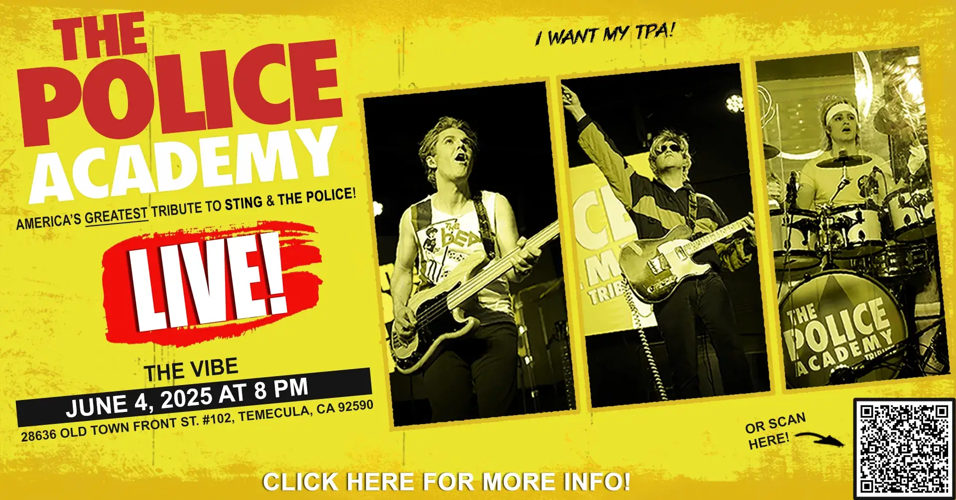 Show banner for The Police Academy, a tribute to Sting & The Police, performing at The Vibe on June 4th at 8 PM. Experience the ultimate 80s music vibe.