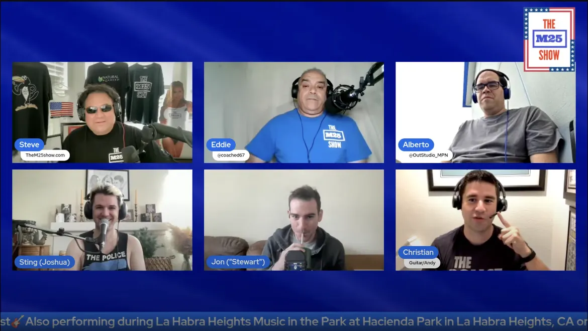 The Police Academy Tribute band members (Joshua as Sting, Jon, Christian) being interviewed by The M25 Show hosts (Steve, Eddie, Alberto) in a six-panel video conference grid.