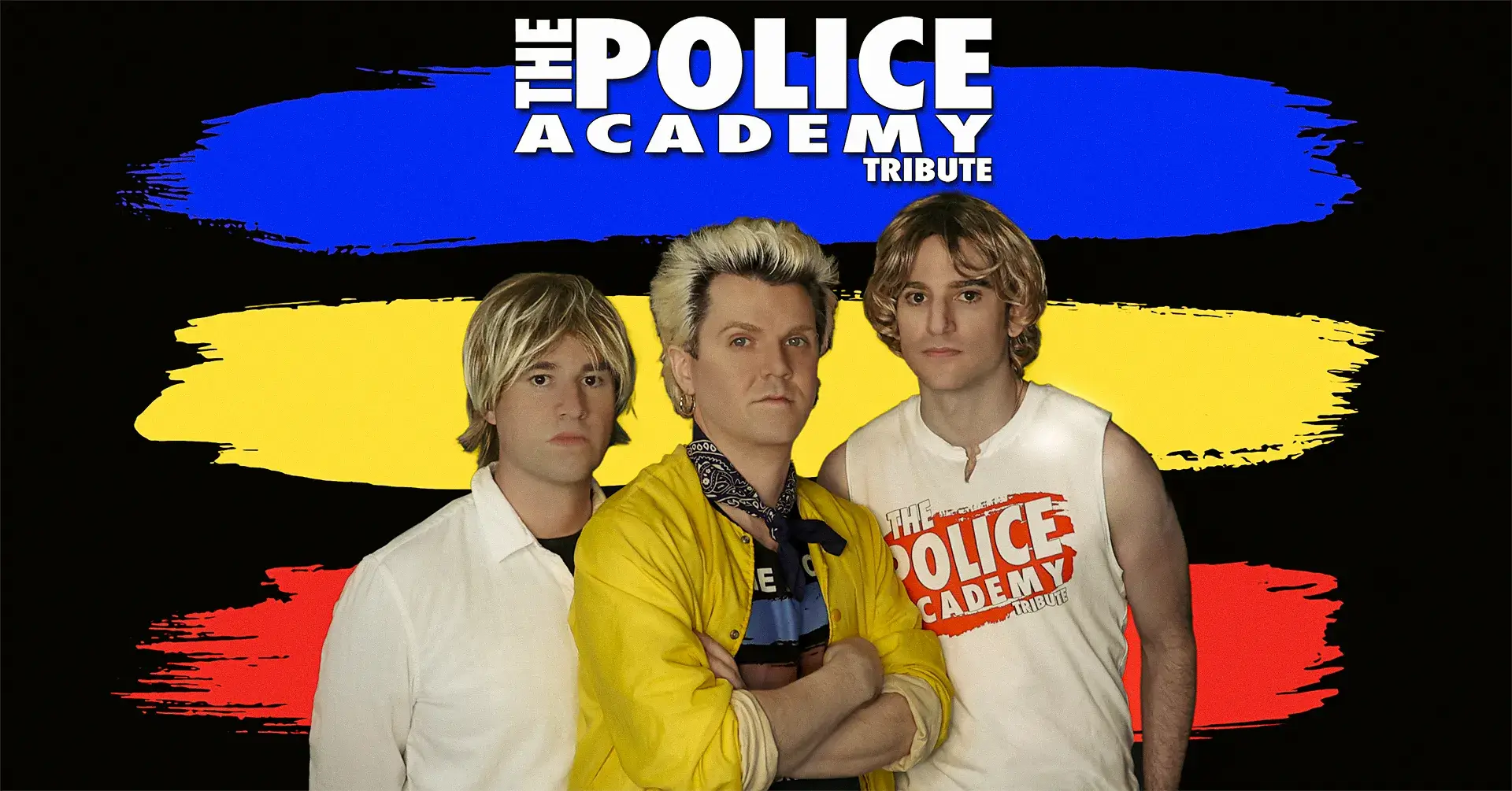 Main website banner for The Police Academy, Southern California's premier tribute to The Police. The image features the three band members authentically styled as Sting, Andy Summers, and Stewart Copeland, posing in front of iconic Synchronicity blue, yellow, and red brushstroke stripes.