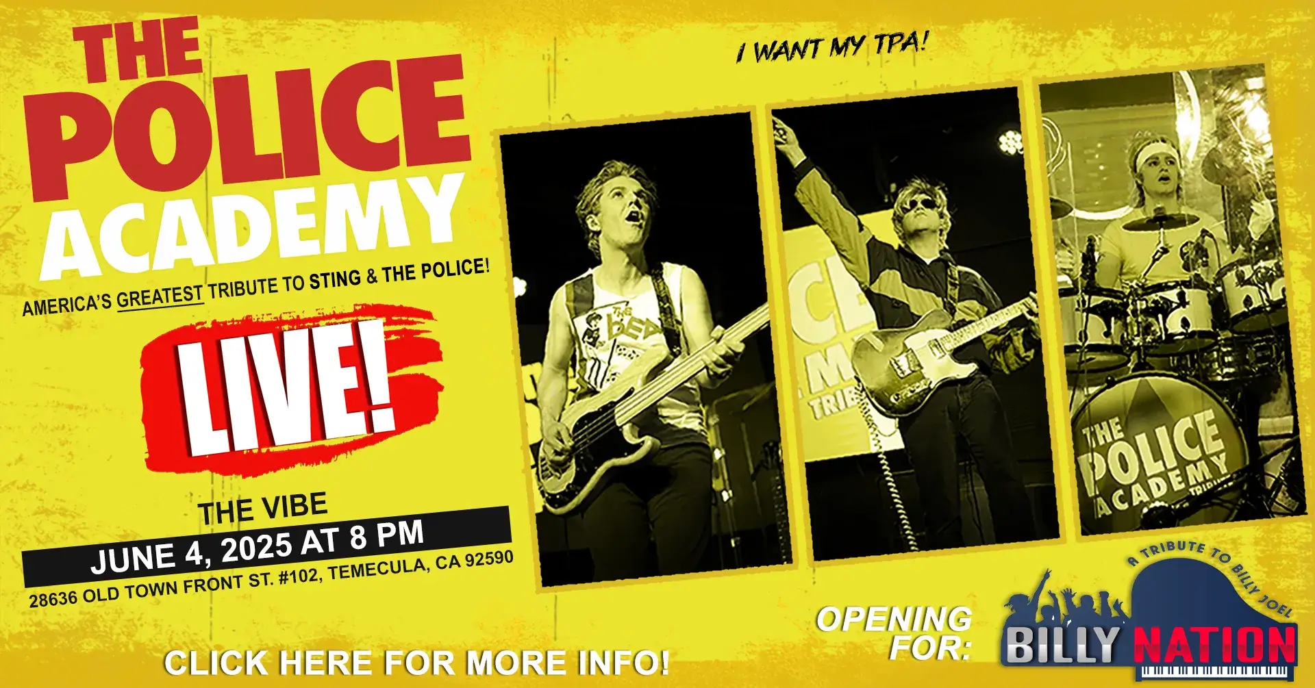 Poster for The Police Academy tribute band performing live at the Belly Up Tavern in Solana Beach, CA, opening for Billy Joel tribute: Billy Nation, on Friday September 12, 2025 at 9 PM.