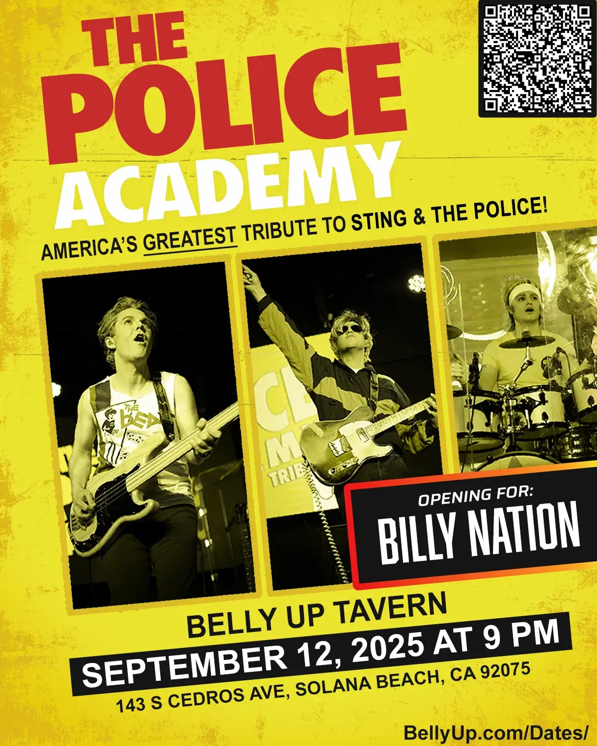 Concert poster for The Police Academy tribute band performing live at the Belly Up Tavern in Solana Beach, CA, opening for Billy Joel tribute: Billy Nation, on Friday September 12, 2025 at 9 PM.