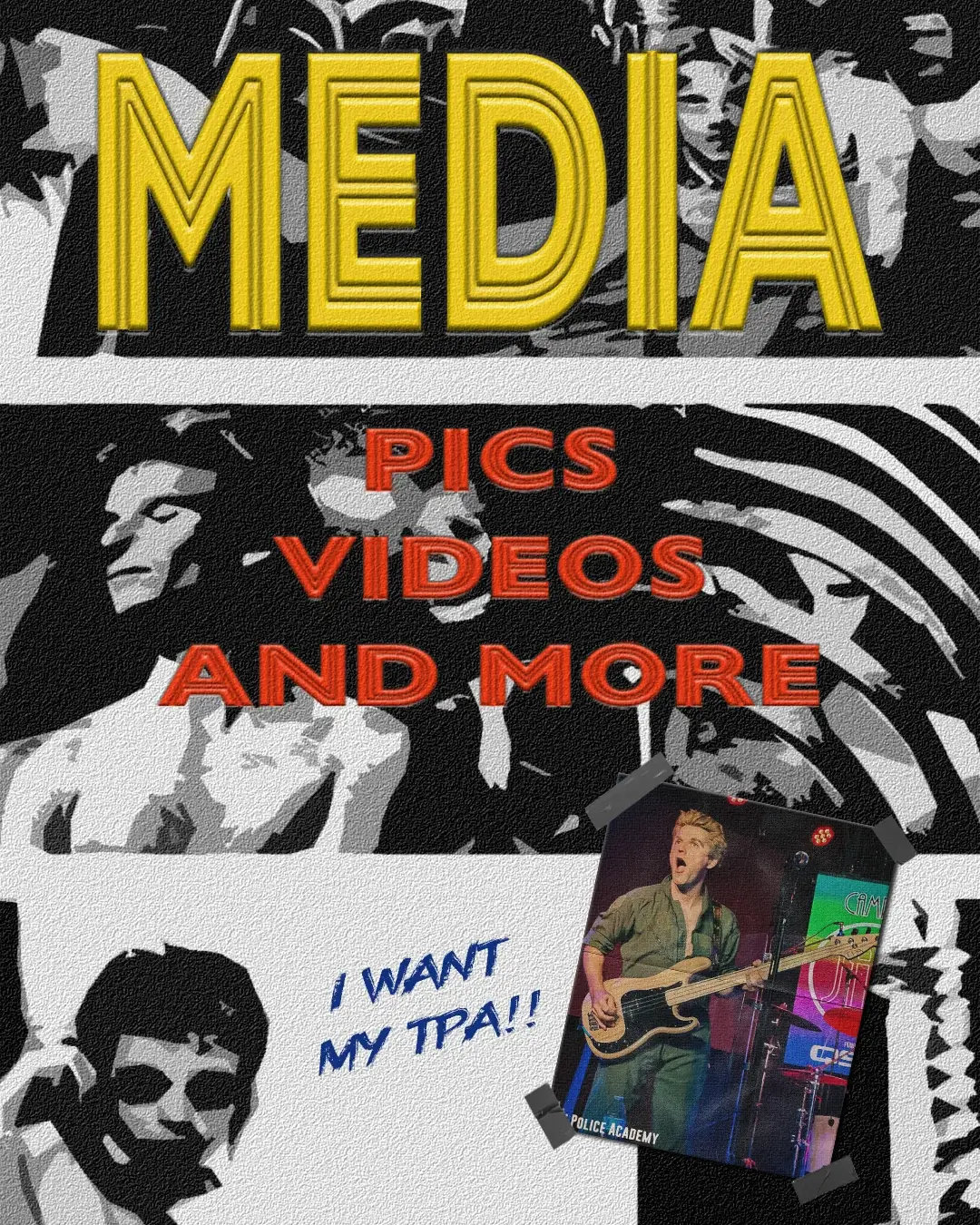 Homepage mobile banner linking to The Police Academy Tribute media gallery. Features a high-contrast 80s-style collage with text reading "MEDIA: See Pics, Videos, and More!"