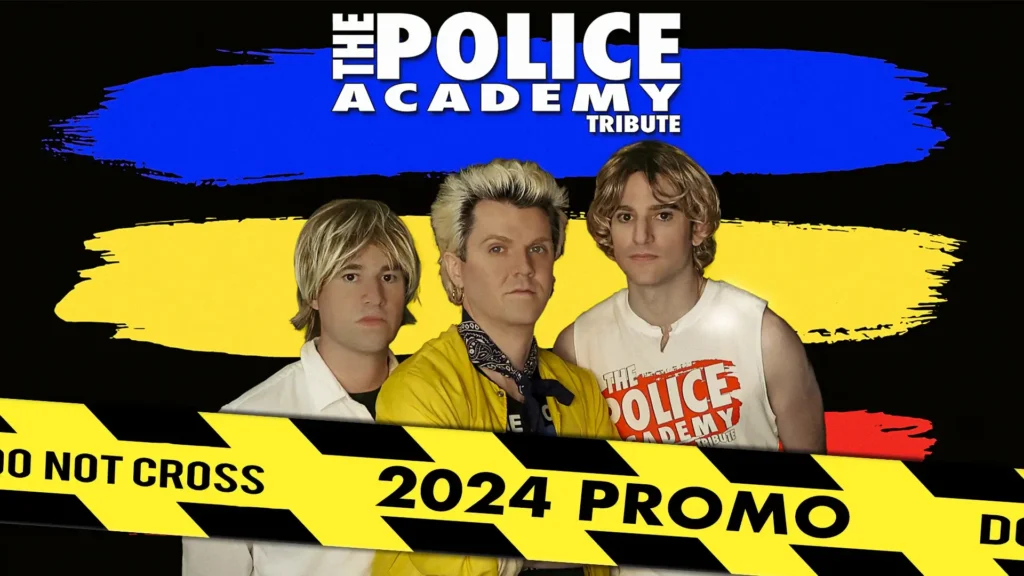YouTube video thumbnail for The Police Academy Tribute's 2024 Promo. The image features the three band members styled as Sting, Andy Summers, and Stewart Copeland, with a yellow caution tape overlay reading '2024 PROMO'.